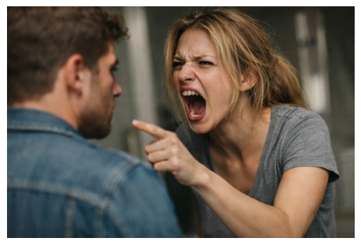 A woman arguing intensely with her partner, pointing and yelling