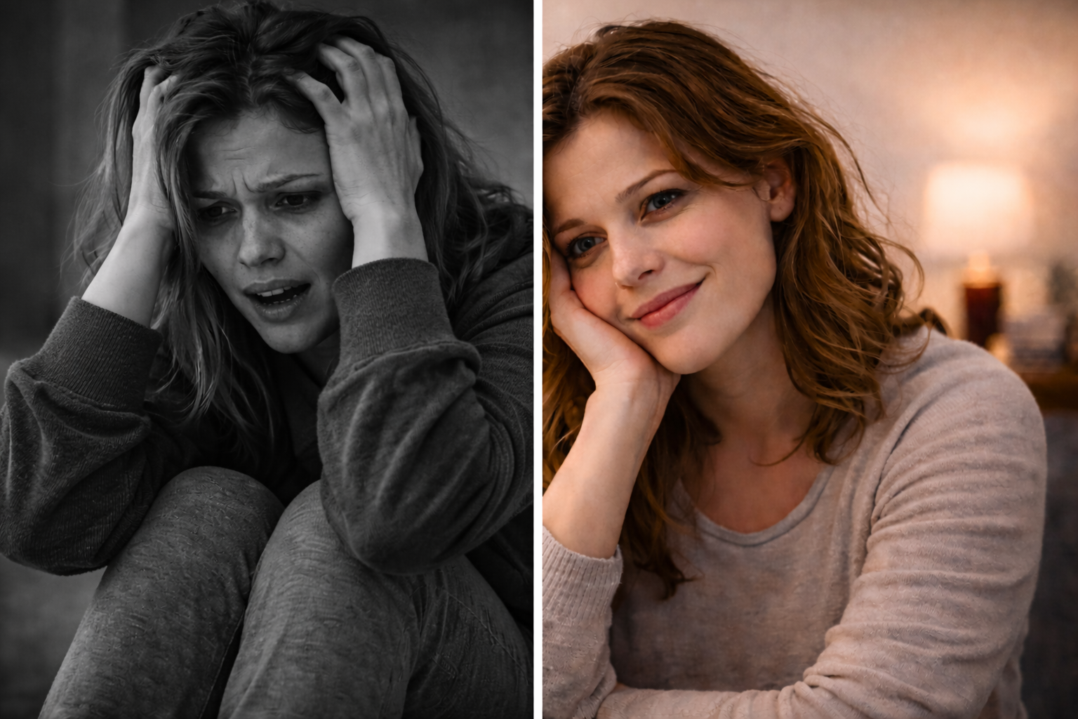 A split image showing a woman in black-and-white distress on one side and the same woman calm and smiling in warm color on the other — representing the all-or-nothing thinking of BPD splitting