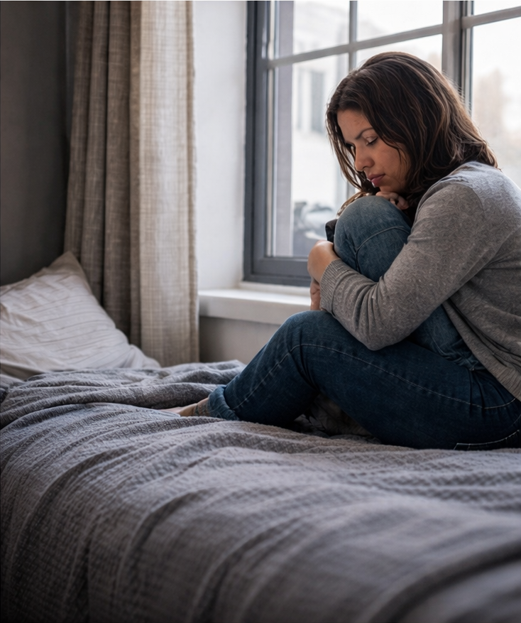 A woman sitting alone on a bed, curled up and withdrawn — representing the quiet desperation of unprocessed trauma