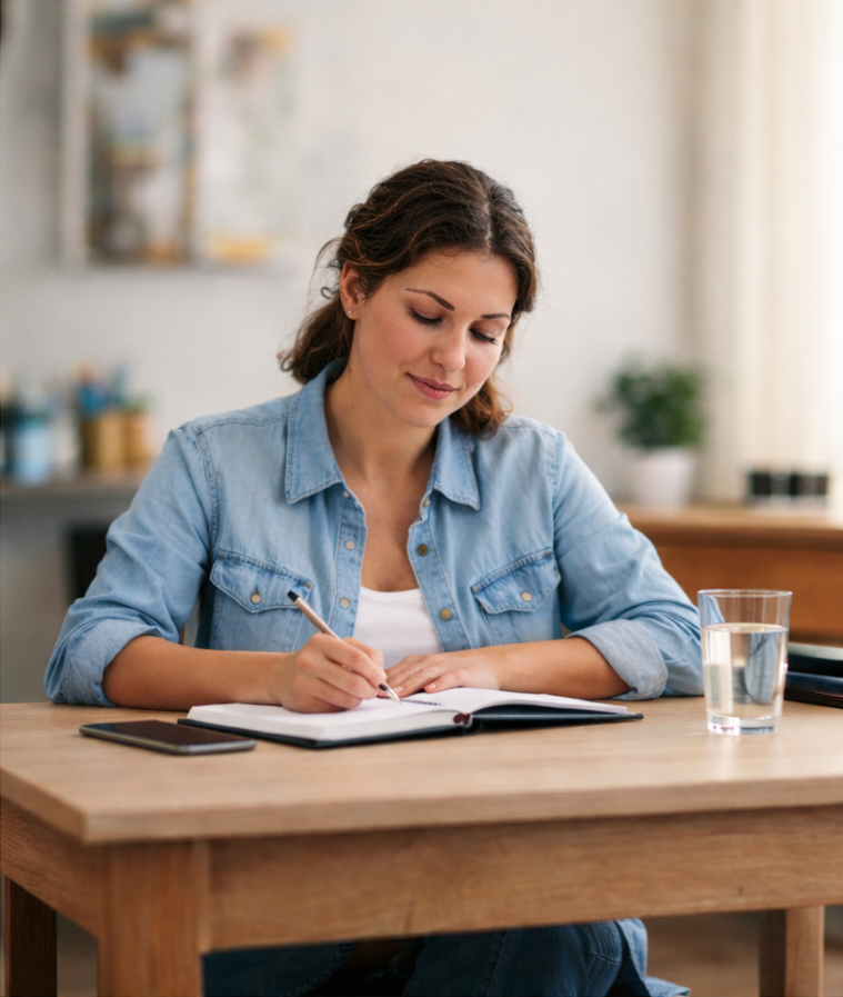 A woman calmly journaling at a table — representing the stability achieved through Stage 1 DBT skills