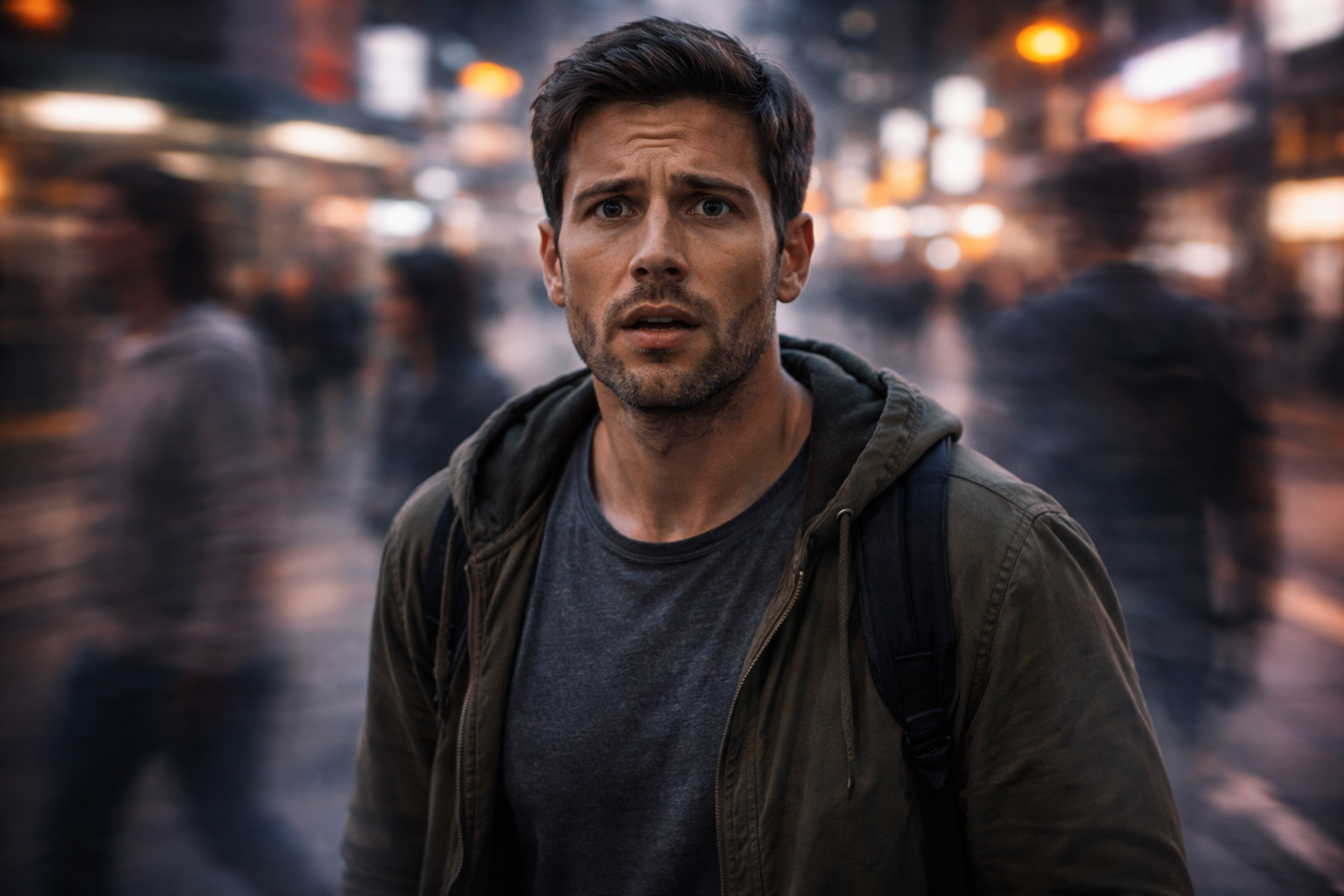 A man standing in a blurred, distorted city street with motion-blurred figures around him — representing the unreality of derealization