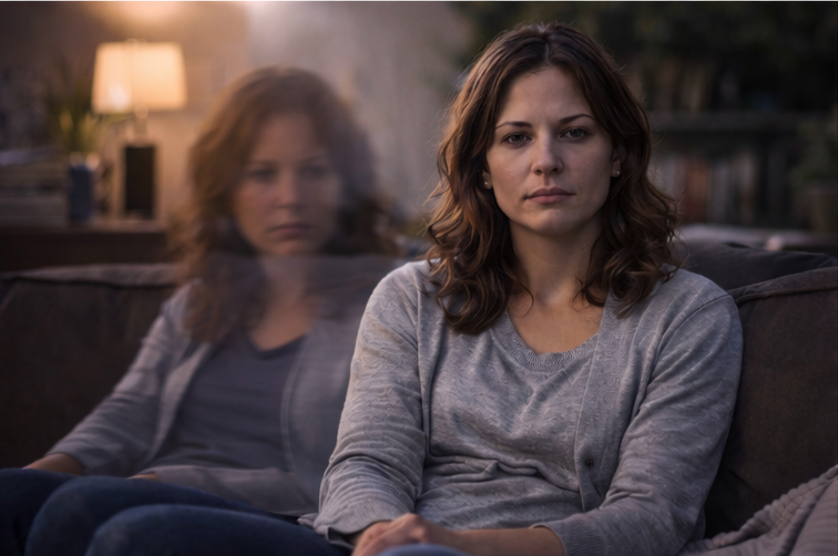 A woman sitting on a couch with a ghostly translucent version of herself beside her — representing the disconnection of dissociation in BPD