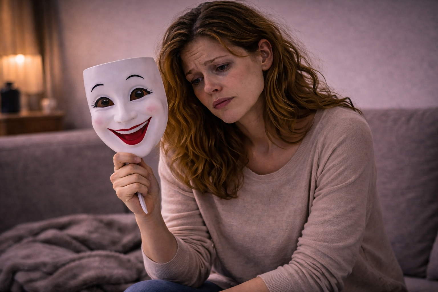 A woman holding a smiling mask away from her sad face — representing the mask of 'fine' in discouraged BPD